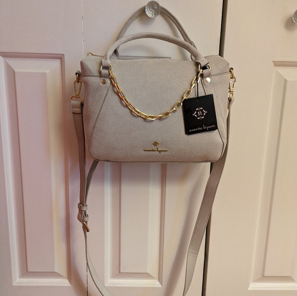 NWOT Nanette Lepore Faux Suede Leather Pearl Satchel Crossbody - Picture 2 of 10